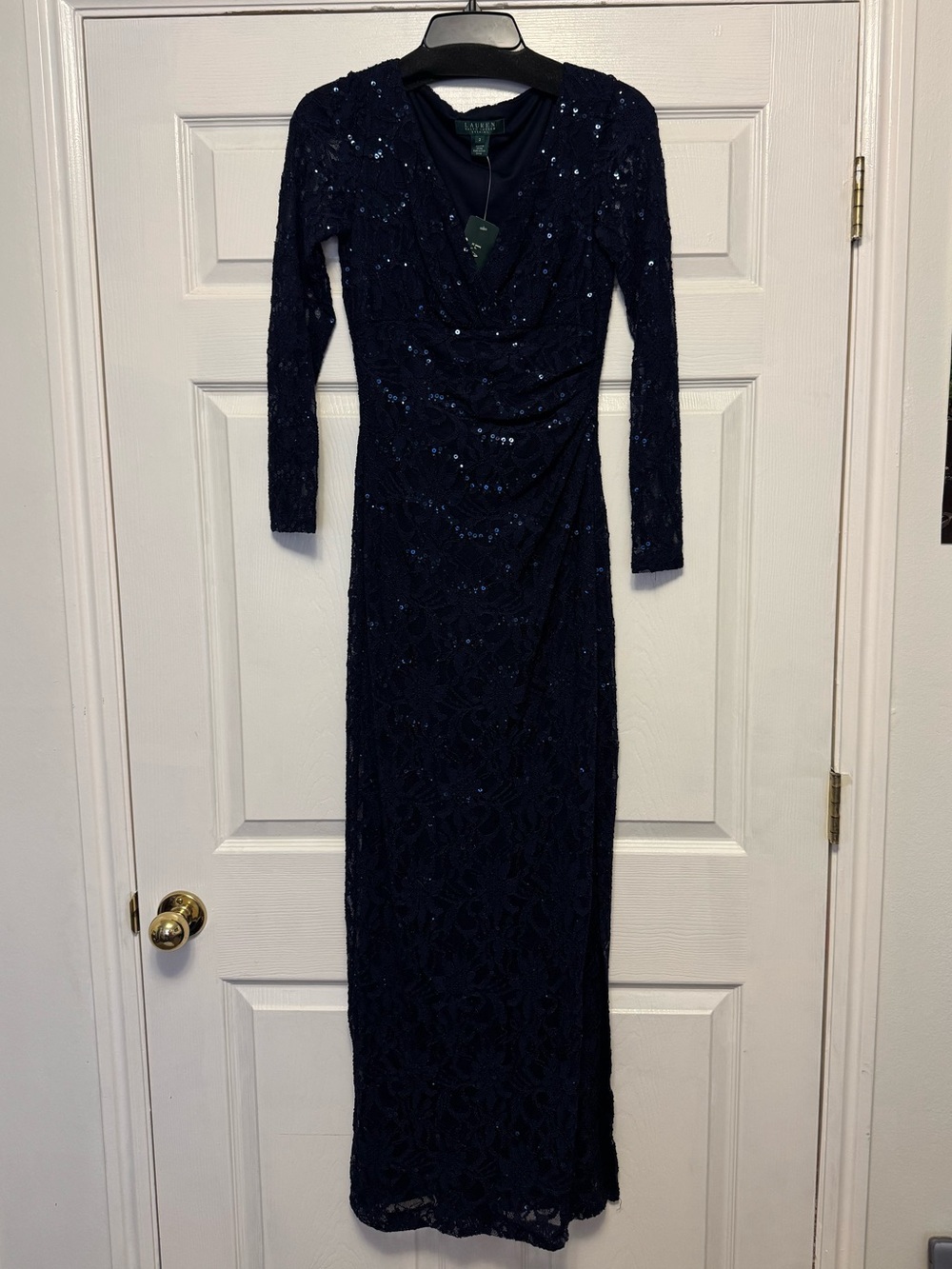 Ralph Lauren Navy Long Sleeve Sequin Evening Gown